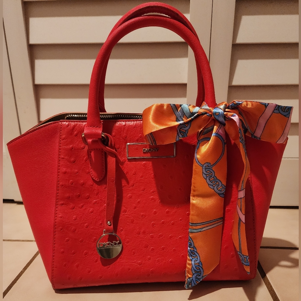 DKNY Red Saffiano Leather Medium Tote Detachable Crossbody Strap w/Twilly Scarf